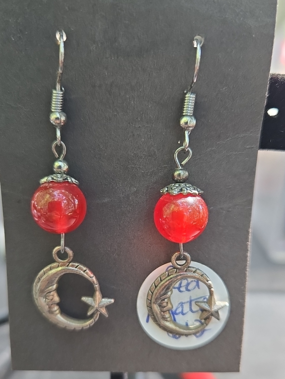 Dyed Red Agate Moon & Star Drop Earrings with Beaded Accent